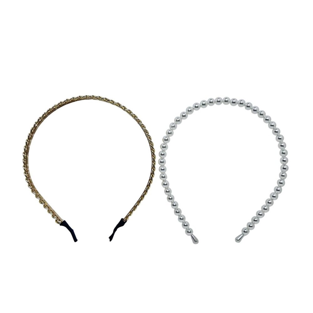 Pair Of Dressy Headbands - Gold Tone Cuban Chain and Faux Pearl (5568)